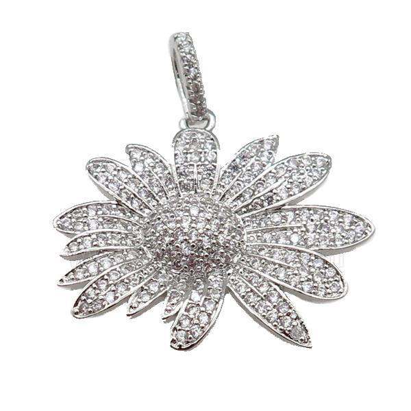 copper Daisy Flower pendant paved zircon, platinum plated