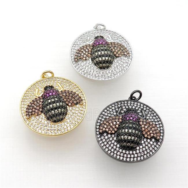 copper Honeybee charm pendant paved zircon, circle, mixed