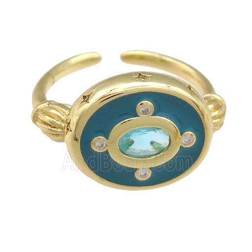 copper Rings with teal enamel, gold plated