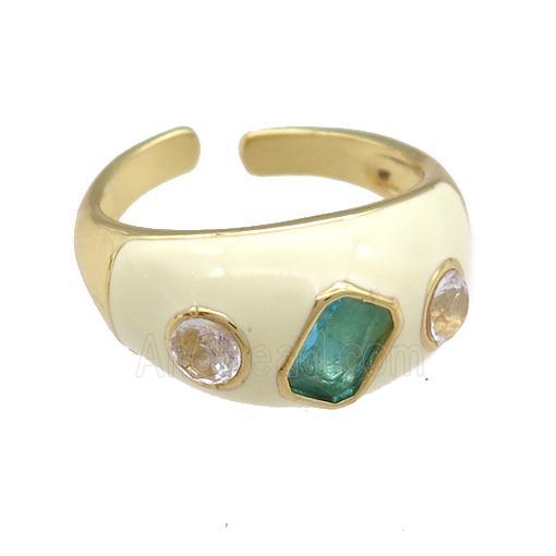 copper Rings paved zircon with white enamel, gold plated
