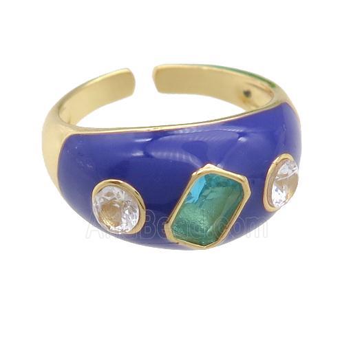 copper Rings paved zircon with purple enamel, gold plated