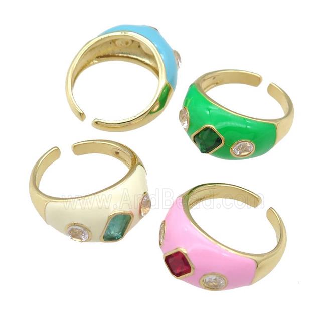 copper Rings paved zircon with enamel, gold plated, mixed