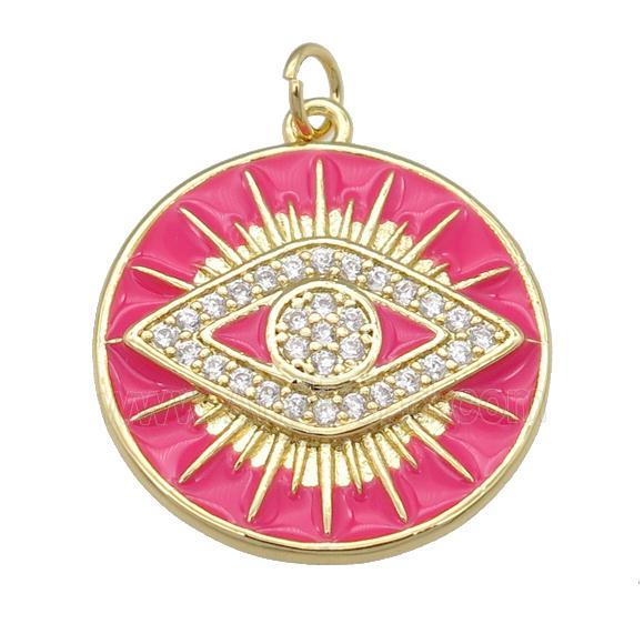 copper Circle Eye pendant paved zircon with hotpink enamel, gold plated