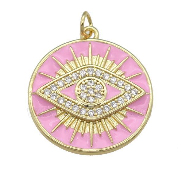 copper Circle Eye pendant paved zircon with pink enamel, gold plated