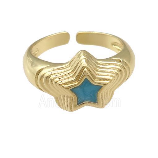 copper star Ring with teal enamel, gold plated