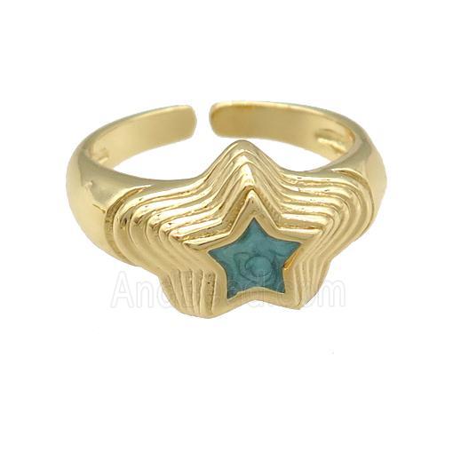 copper star Ring with green enamel, gold plated