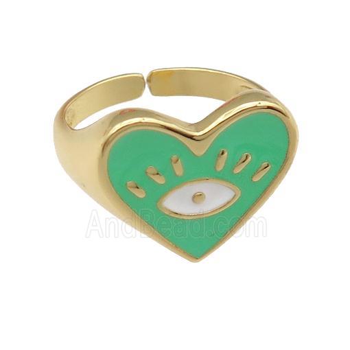 copper Ring with green enamel heart, gold plated