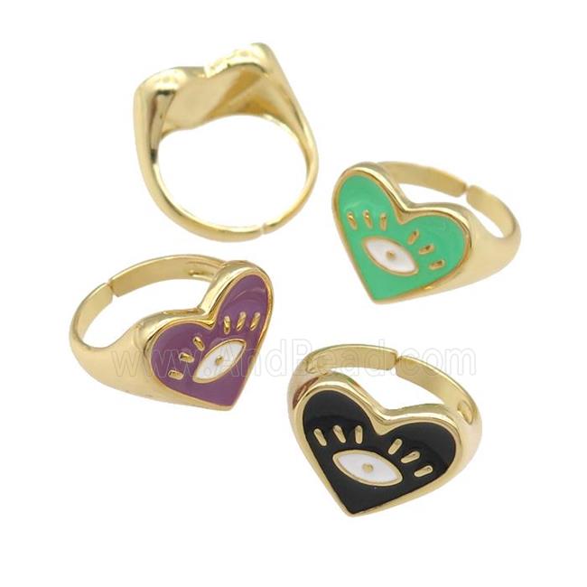 copper Ring with enamel heart, eye, gold plated, mixed