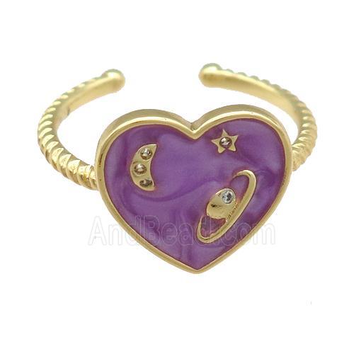 copper Ring with purple enamel heart, planet, gold plated