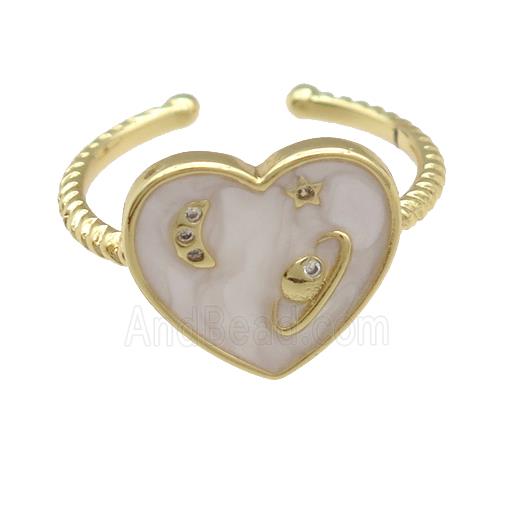 copper Ring with white enamel heart, planet, gold plated