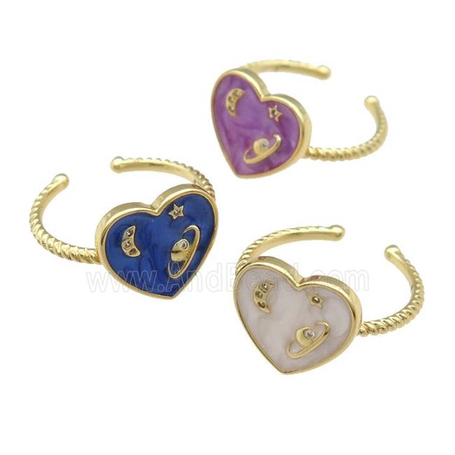 copper Ring with enamel heart, planet, gold plated, mixed