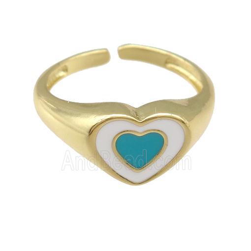 copper Ring with teal enamel heart, gold plated