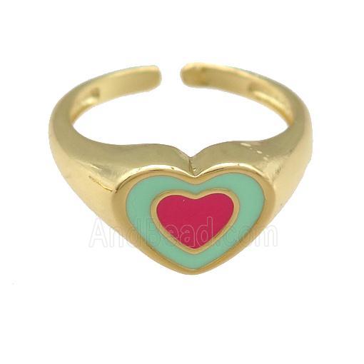 copper Ring with red enamel heart, gold plated