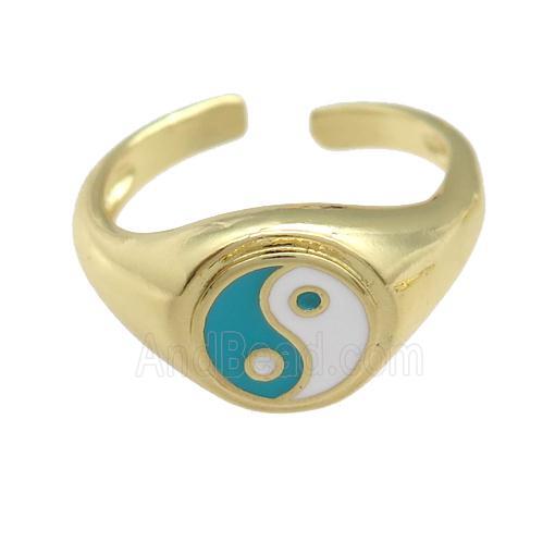 copper Ring with teal enamel taichi, gold plated