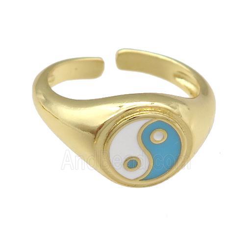 copper Ring with lt.blue enamel taichi, gold plated