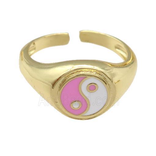 copper Ring with pink enamel taichi, gold plated