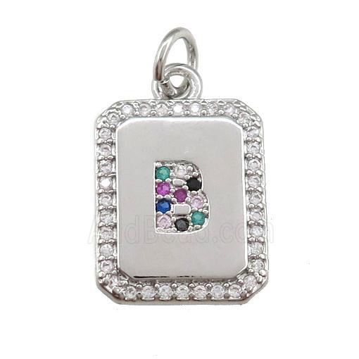 copper Letter-B pendant paved zircon, rectangle, platinum plated