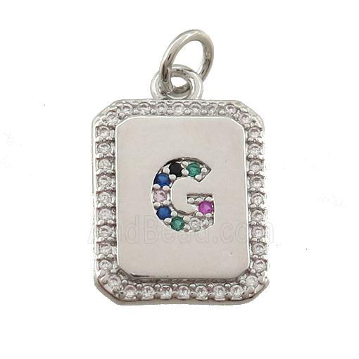 copper Letter-G pendant paved zircon, rectangle, platinum plated