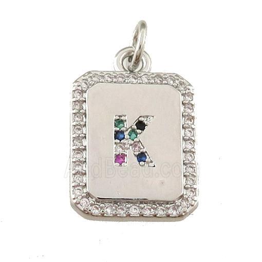 copper Letter-K pendant paved zircon, rectangle, platinum plated