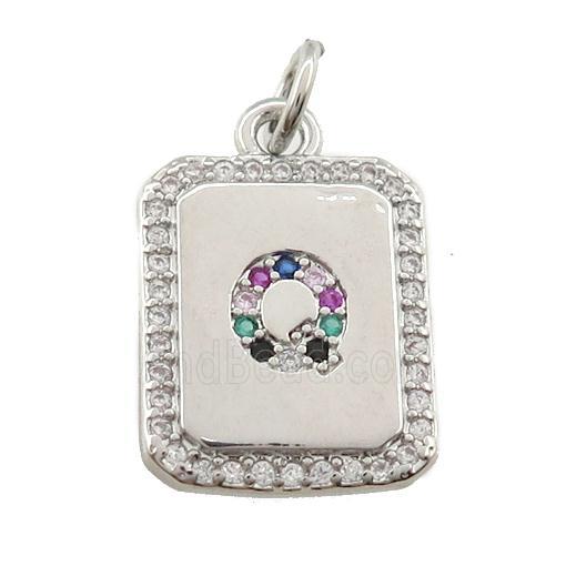 copper Letter-Q pendant paved zircon, rectangle, platinum plated