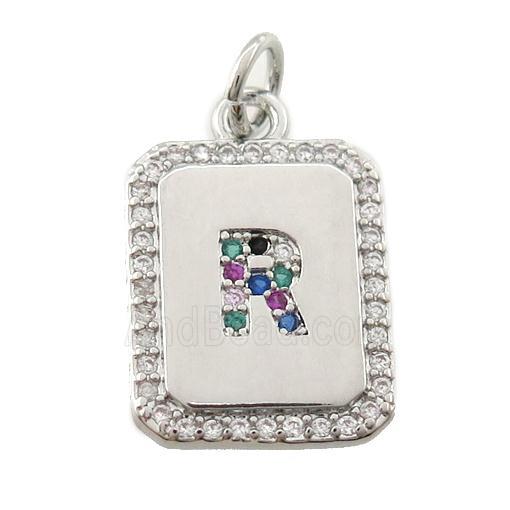 copper Letter-R pendant paved zircon, rectangle, platinum plated