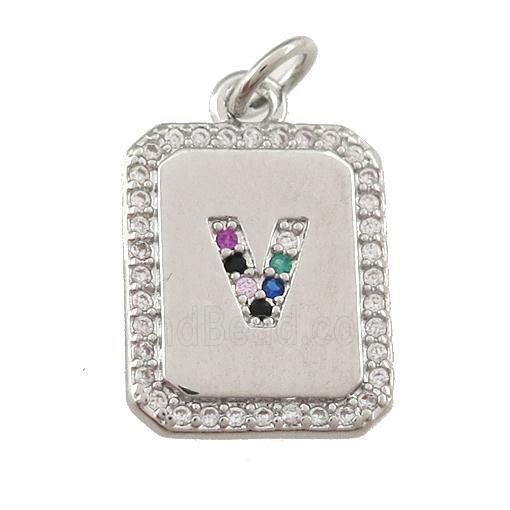 copper Letter-V pendant paved zircon, rectangle, platinum plated