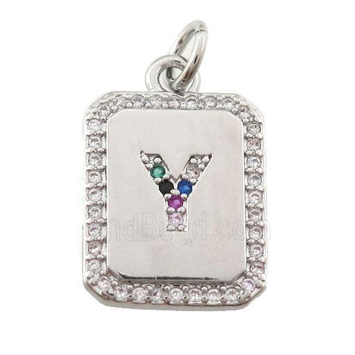 copper Letter-Y pendant paved zircon, rectangle, platinum plated