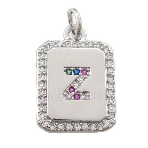 copper Letter-Z pendant paved zircon, rectangle, platinum plated