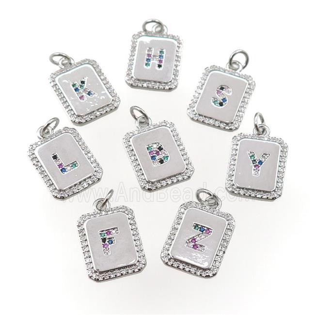 copper Letter pendant paved zircon, mix alphabet, rectangle, platinum plated