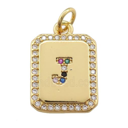 copper Letter-J pendant paved zircon, rectangle, gold plated