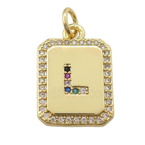copper Letter-L pendant paved zircon, rectangle, gold plated