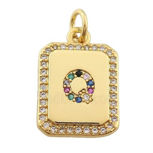 copper Letter-Q pendant paved zircon, rectangle, gold plated