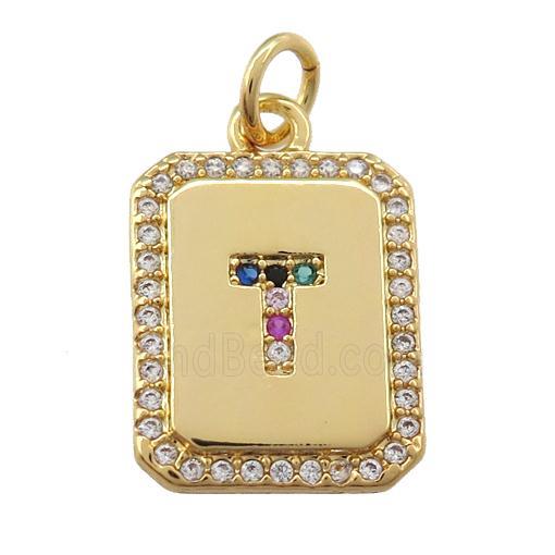 copper Letter-T pendant paved zircon, rectangle, gold plated