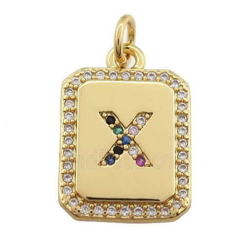 copper Letter-X pendant paved zircon, rectangle, gold plated