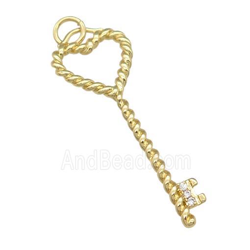 copper Key charm pendant paved zircon, gold plated