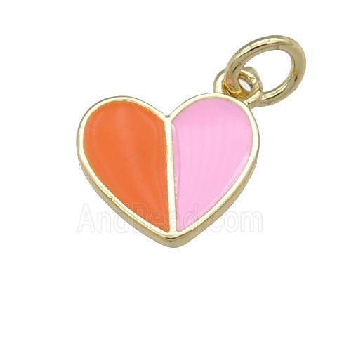 copper Heart pendant with orange pink enamel, gold plated