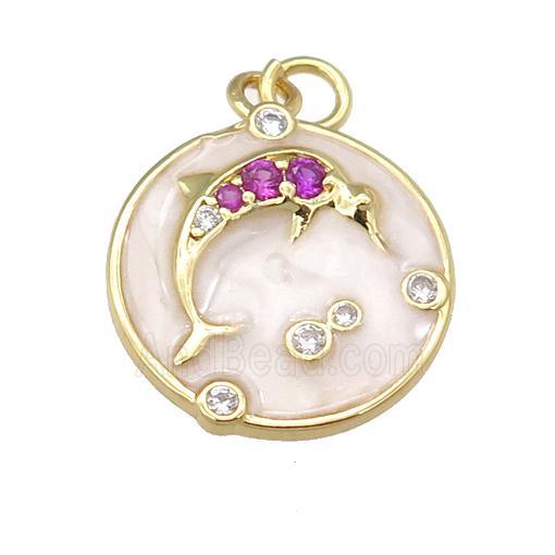 copper dolphin pendant paved zircon with white enamel, circle, gold plated