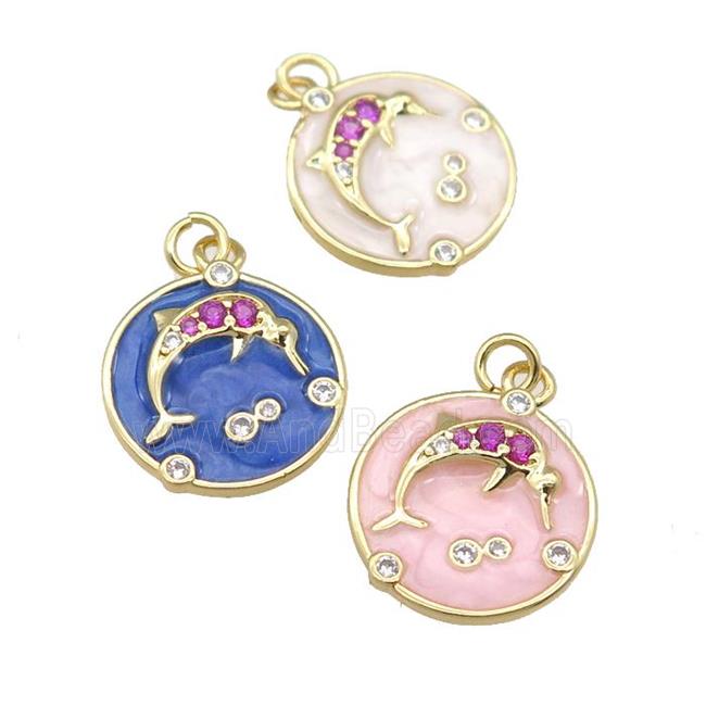 copper dolphin pendant paved zircon with enamel, circle, gold plated, mixed