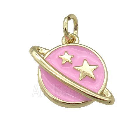 copper Planet pendant with pink enamel, star, gold palted