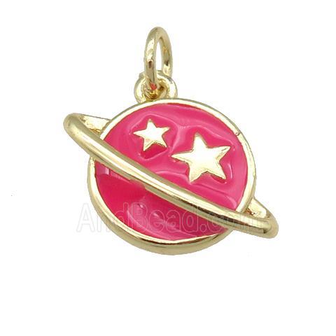 copper Planet pendant with hotpink enamel, star, gold palted