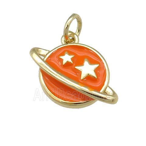 copper Planet pendant with orange enamel, star, gold palted