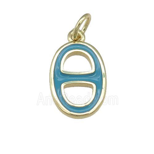 copper nose pendant with teal enamel, gold plated