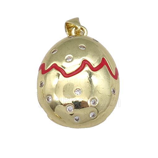 copper Egg pendant paved zircon with red enamel, gold plated