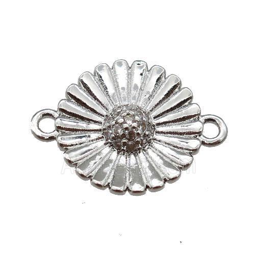copper daisy flower connector paved zircon, platinum plated