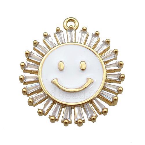 copper Emoji pendant paved zircon with white enamel, sunflower, gold plated