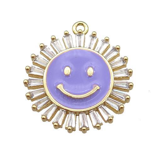 copper Emoji pendant paved zircon with lavender enamel, gold plated