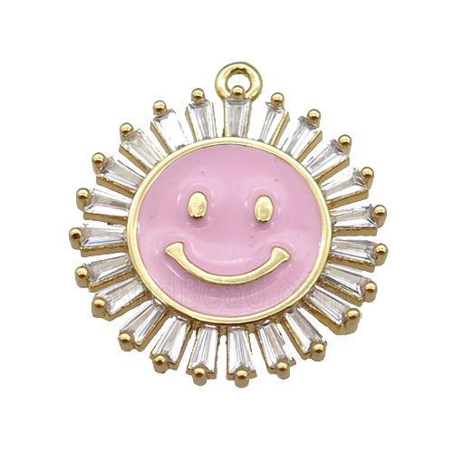 copper Emoji pendant paved zircon with pink enamel, gold plated