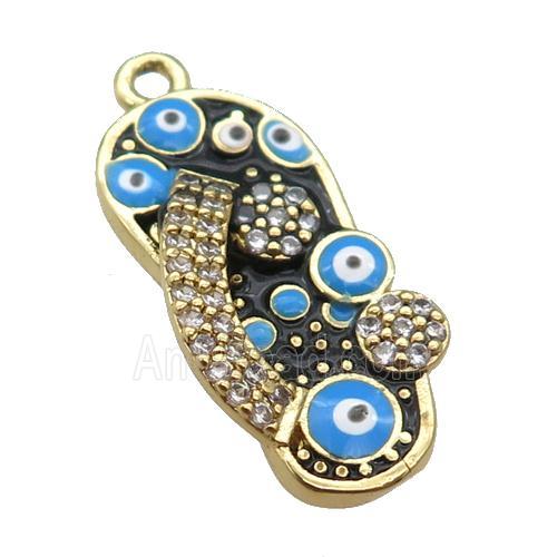 copper Shoe pendant paved zircon with black enamel, evil eye, gold plated