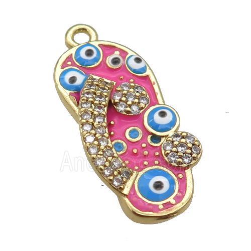 copper Shoe pendant paved zircon with hotpink enamel, evil eye, gold plated