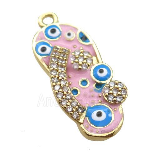 copper Shoe pendant paved zircon with pink enamel, evil eye, gold plated